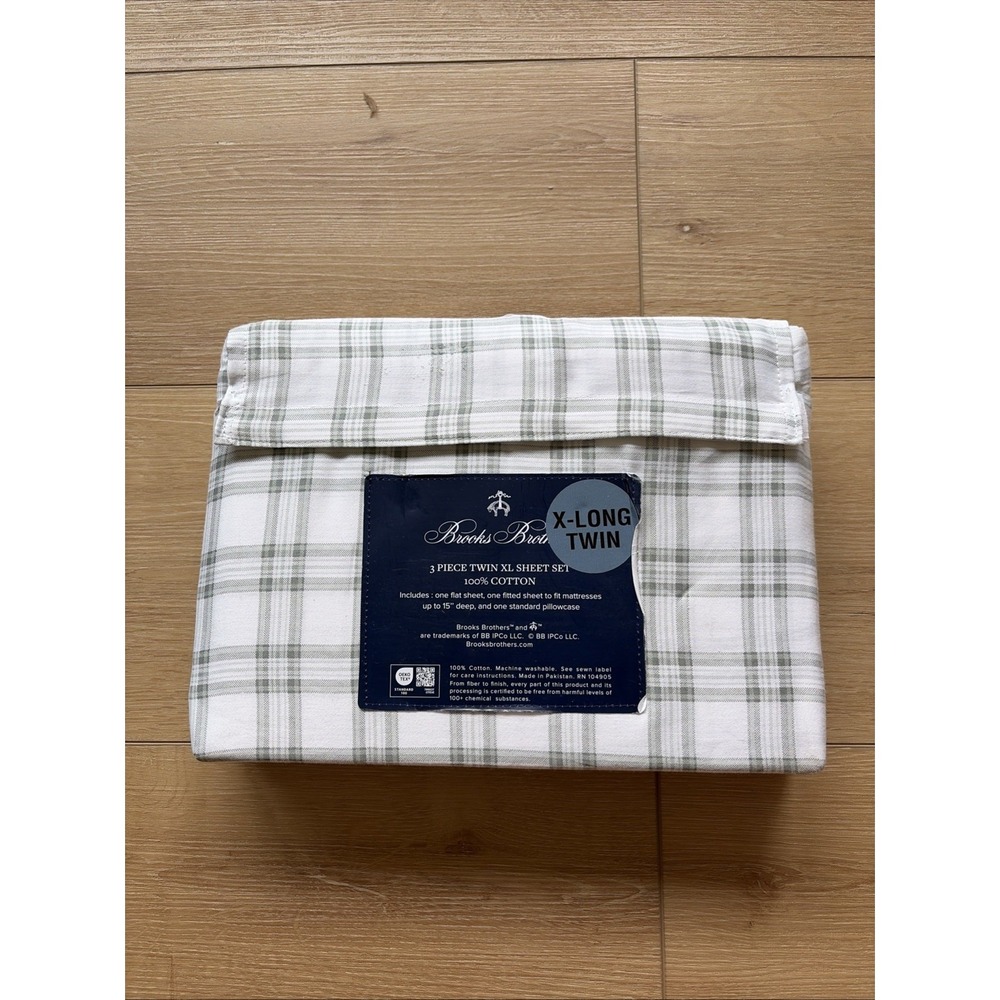 Brooks Brothers Twin XL Sheet Set 100% Cotton Sage Green Plaid 15" Deep Mattress
